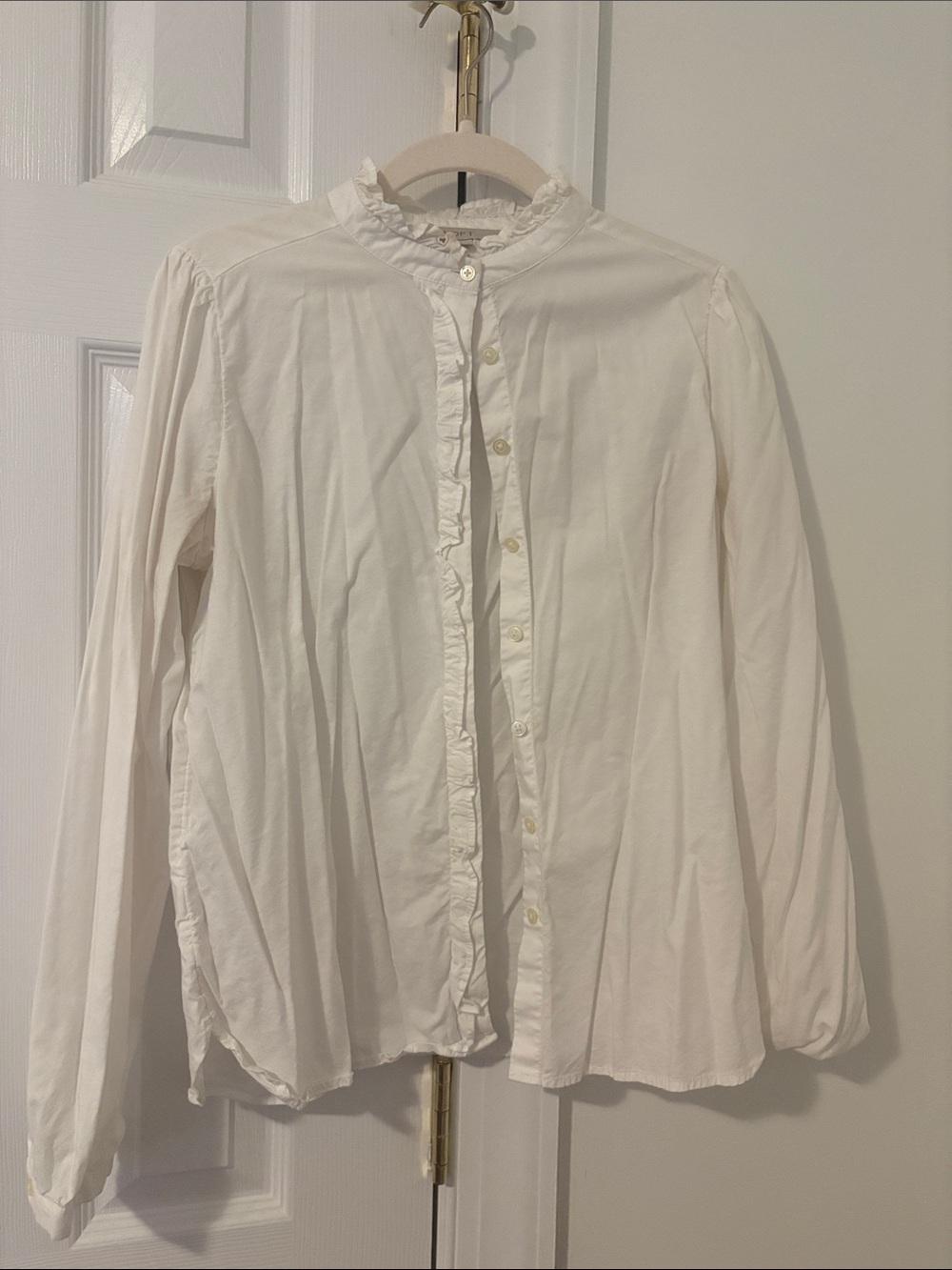 LOFT White Ruffle-Trim Button Front Blouse